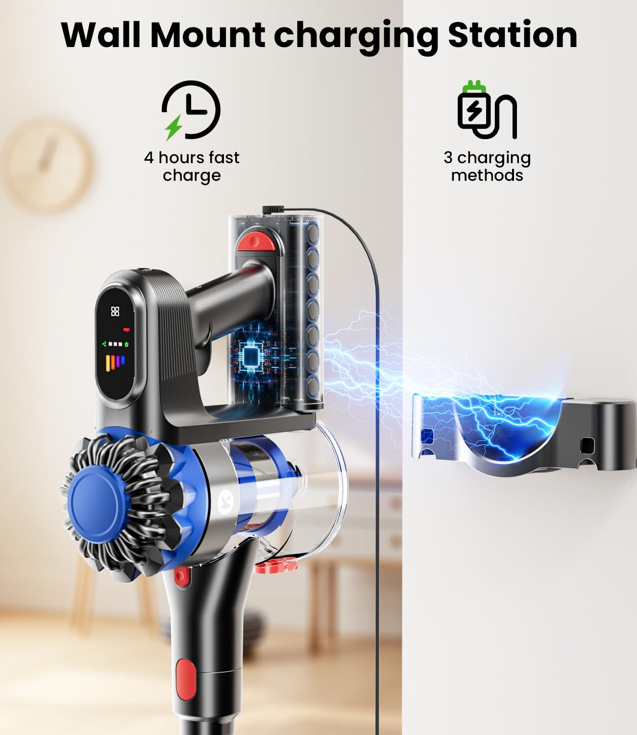 Cordless Stick Vacuum Cleaner – 500W/40Kpa Suction, 60 Min Runtime, LED Display, Anti-Tangle Roller, Wall Mount Charging, 8-in-1 Lightweight Vacuum for Home, Carpet, Hard Floors & Pet Hair