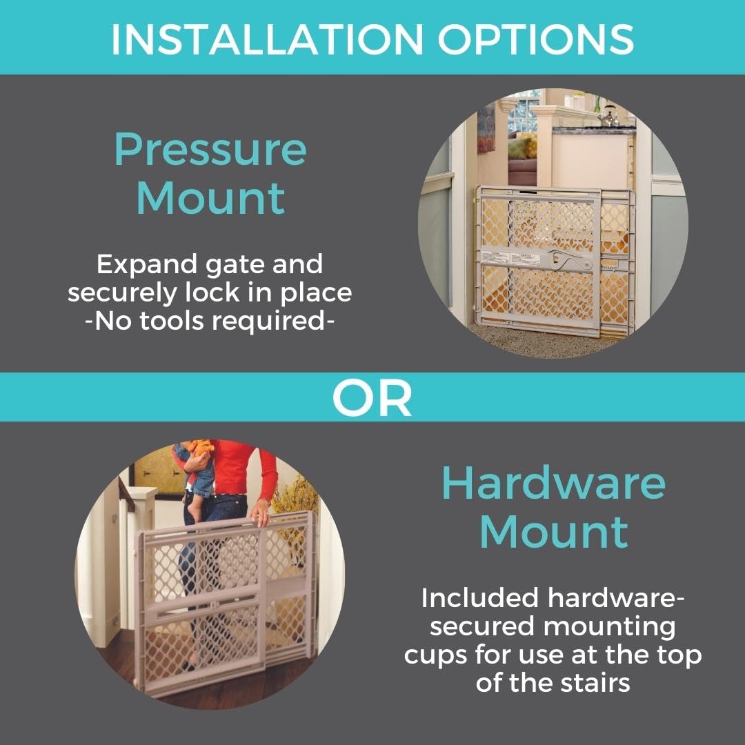 Adjustable Plastic Baby Gate for Stairs and Doorways – Indoor Safety Gate with One-Hand Handle – 26 to 42 Inches Wide – 26 Inches Tall – Sand
