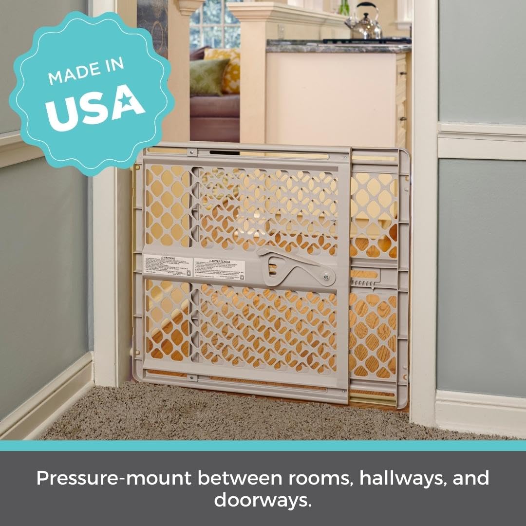 Adjustable Plastic Baby Gate for Stairs and Doorways – Indoor Safety Gate with One-Hand Handle – 26 to 42 Inches Wide – 26 Inches Tall – Sand
