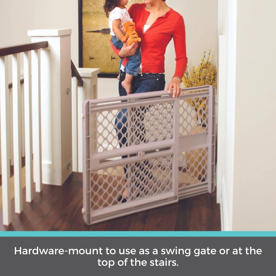 Adjustable Plastic Baby Gate for Stairs and Doorways – Indoor Safety Gate with One-Hand Handle – 26 to 42 Inches Wide – 26 Inches Tall – Sand