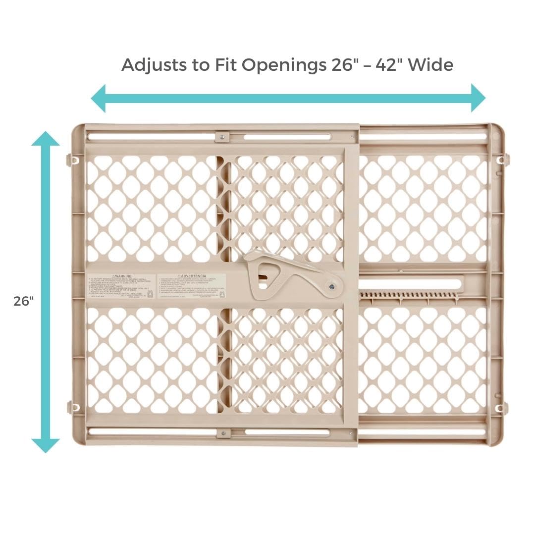 Adjustable Plastic Baby Gate for Stairs and Doorways – Indoor Safety Gate with One-Hand Handle – 26 to 42 Inches Wide – 26 Inches Tall – Sand
