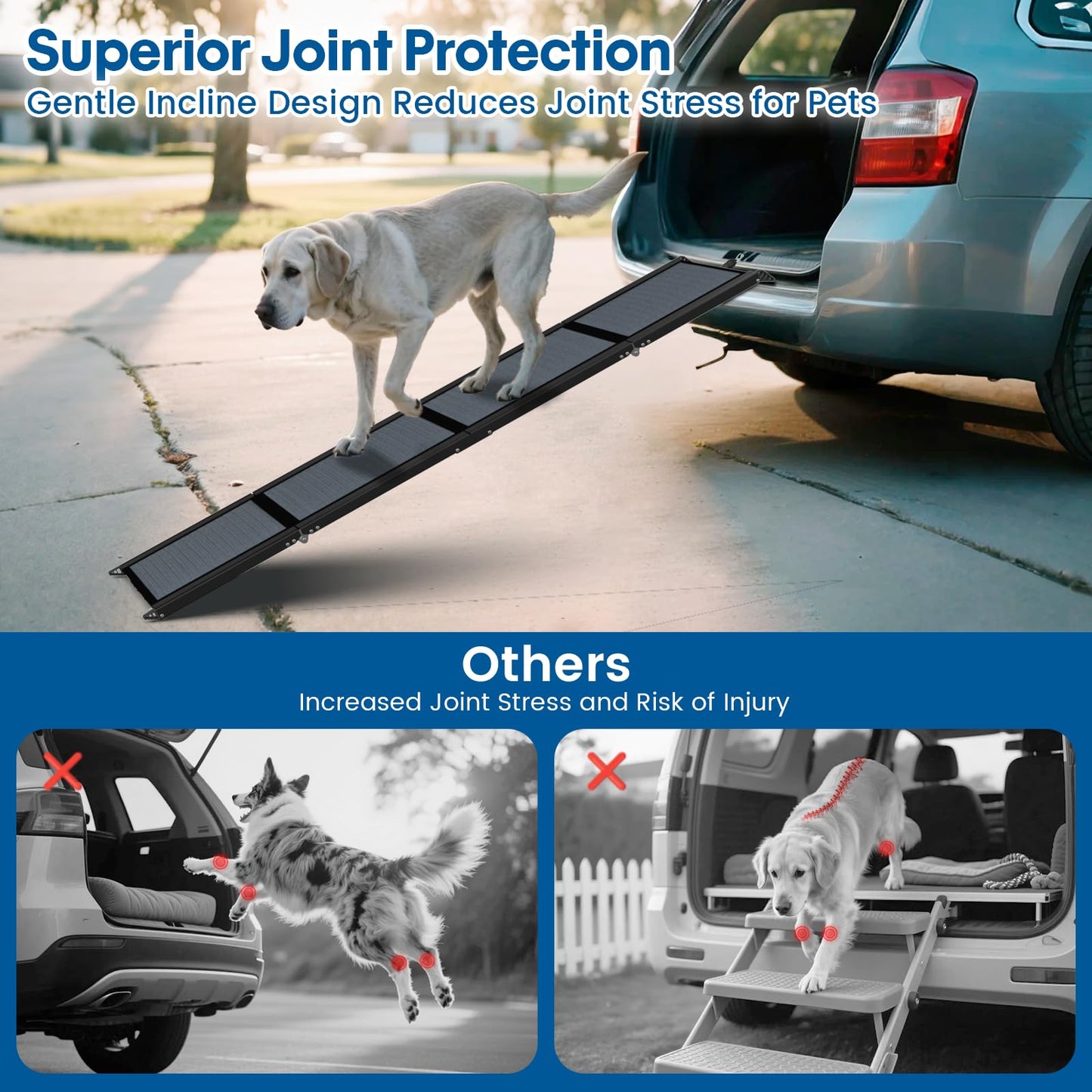 63" Folding Dog Ramp for Car, SUV & Truck – Extra Wide Portable Pet Ramp with Non-Slip Surface, Supports Dogs Up to 250 lbs