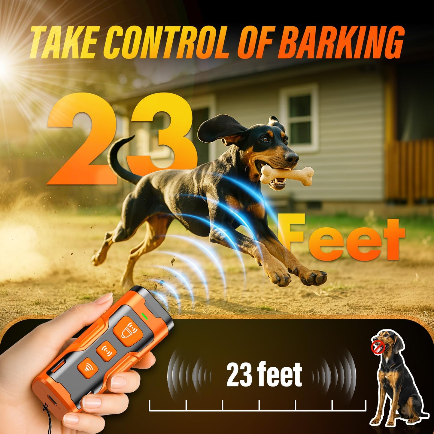 Ultrasonic Dog Bark Deterrent Device – 3X Emitters, 6 Training Modes, 23 FT Range, Rechargeable Humane Bark Control Tool for Indoors & Outdoors (Orange)