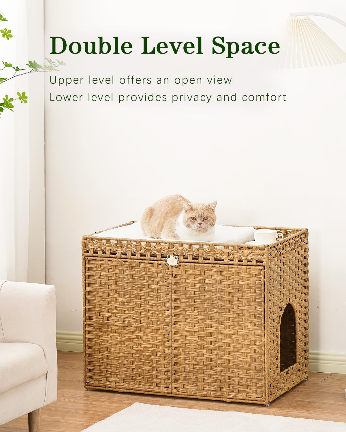Rattan Cat Litter Box Enclosure Furniture – Hidden Litter Box with Mat, Large Cat House & Storage Top for Indoor Use (30.3 x 18.3 x 24.4 in, Natural