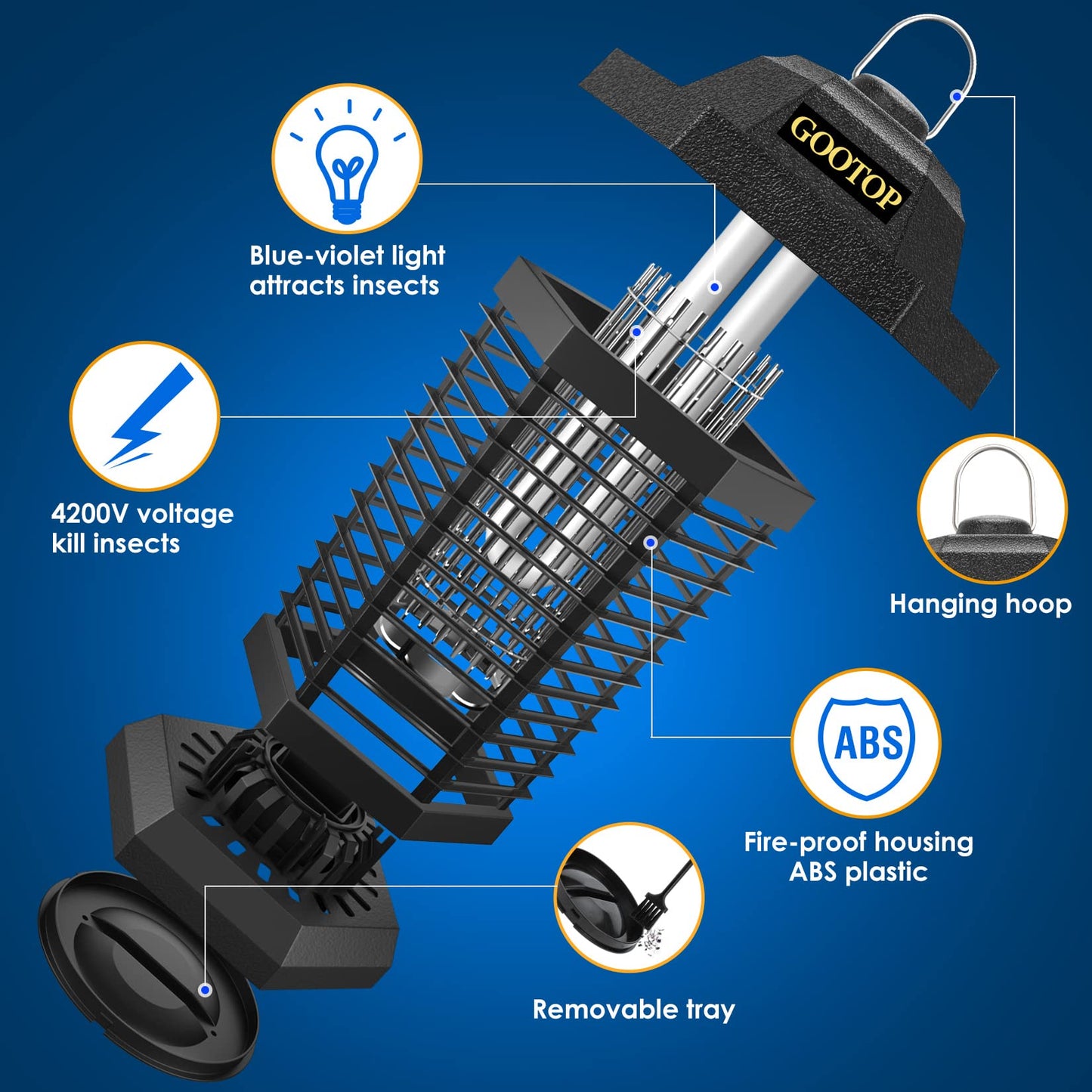 Outdoor & Indoor Bug Zapper – Electric Mosquito and Fly Killer with 4200V Grid, Plug-in Insect Trap, Covers up to 1/2 Acre, Black
