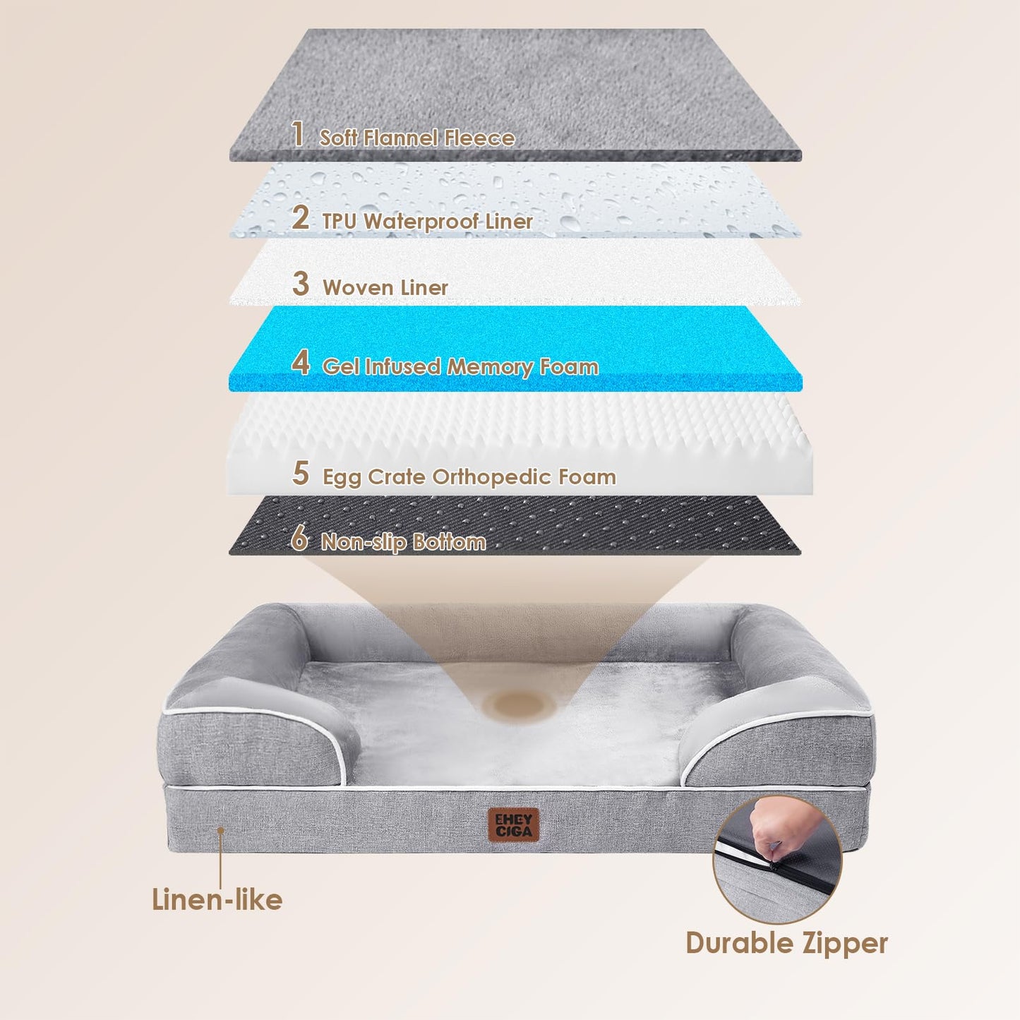Orthopedic Dog Bed for Extra Large Dogs – 44x32 Inch Memory Foam Pet Sofa Bed with Bolster Sides, Waterproof Layer, Non-Slip Bottom & Washable Cover – Grey