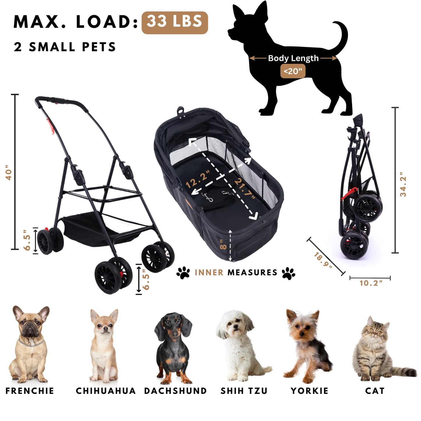 3-in-1 Pet Stroller with Detachable Carrier & Car Seat – Compact Folding Travel Stroller for Small Dogs & Cats (Up to 33 lbs)