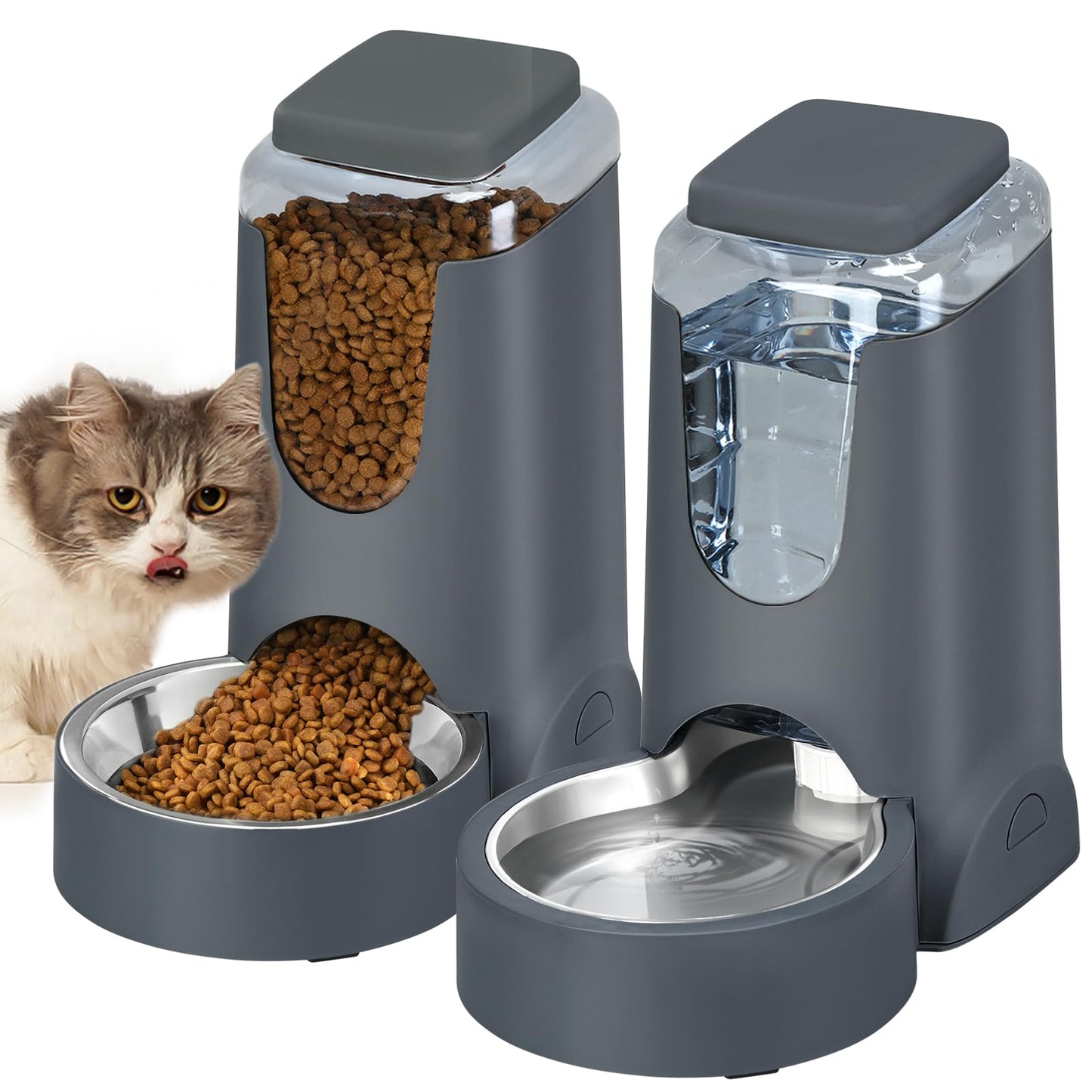 Automatic Pet Feeder and Water Dispenser Set with Stainless Steel Bowl – Gravity Food & Water Station for Cats and Dogs (1 Gallon x 2)