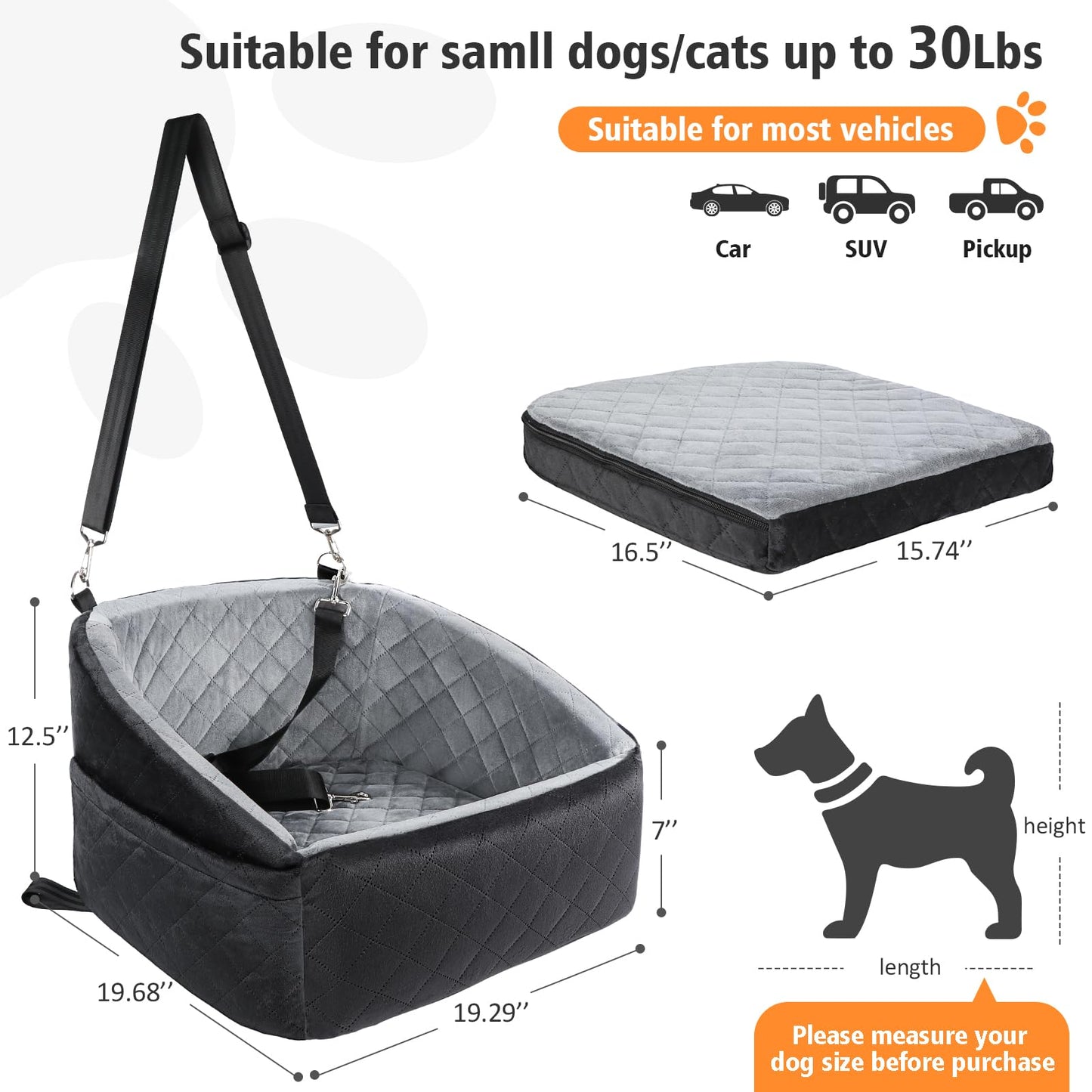 Dog Car Seat for Small Dogs up to 30 lbs – Washable Travel Booster Seat with Storage Pockets, Safety Belt & Plush Bed for Cars, SUVs & Trucks (Black/Grey)