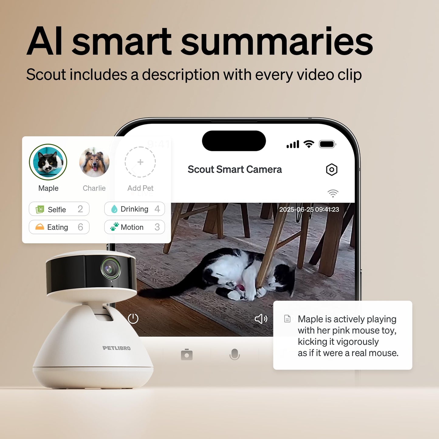 AI Pet Camera with App – Multi-Pet Recognition, Smart Activity Analysis, 360° Auto-Tracking View, 1080P HD, Night Vision & 2-Way Audio