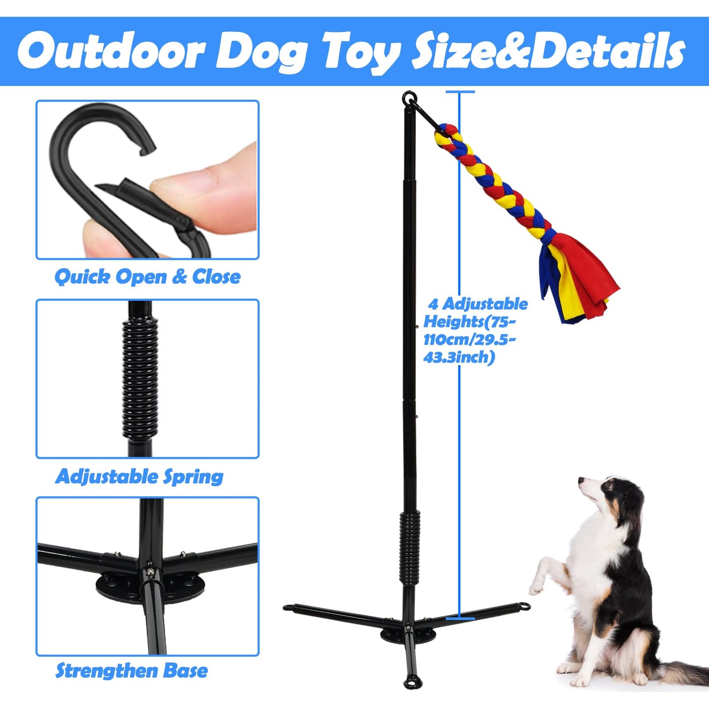 Outdoor Tether Tug Dog Toy – Interactive Tug of War Exercise Game with 2 Rope Toys & Bell – Adjustable Height, Sturdy Base – For Small, Medium & Large Dogs