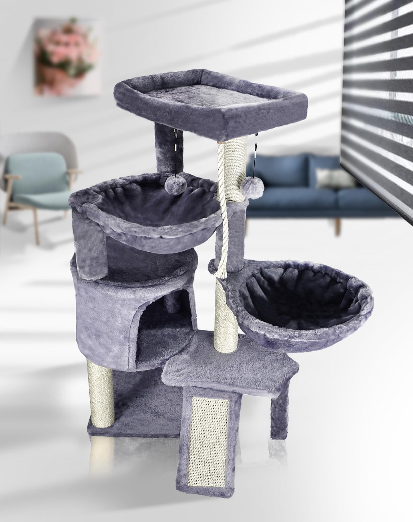 Three-Layer Cat Tree with Condo, Two Hammocks, Scratching Posts & Toys – Multi-Level Cat Tower (Grey, 37.4")