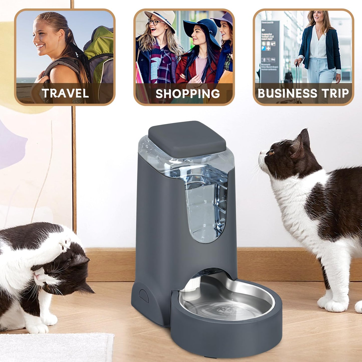 Automatic Pet Feeder and Water Dispenser Set with Stainless Steel Bowl – Gravity Food & Water Station for Cats and Dogs (1 Gallon x 2)