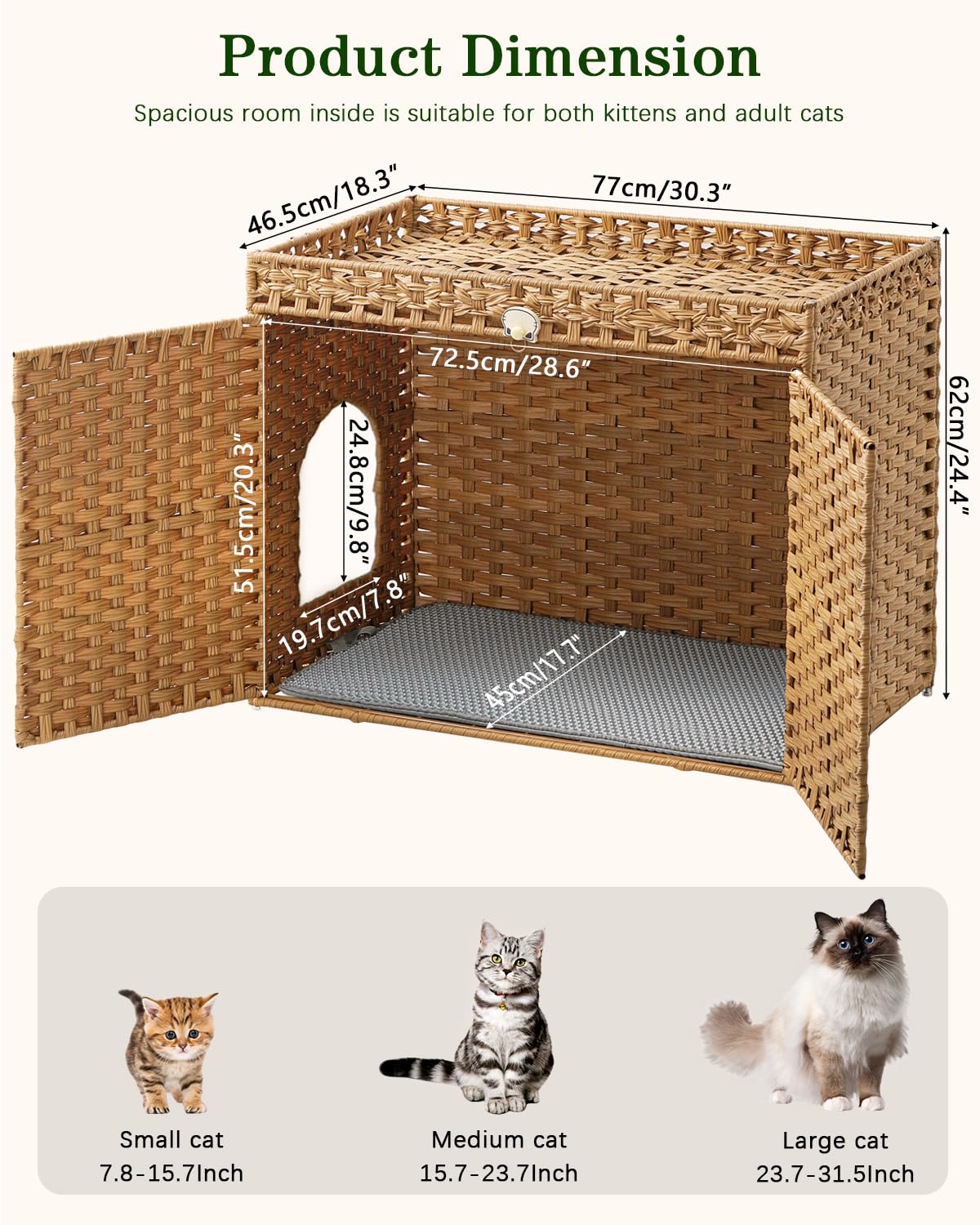 Rattan Cat Litter Box Enclosure Furniture – Hidden Litter Box with Mat, Large Cat House & Storage Top for Indoor Use (30.3 x 18.3 x 24.4 in, Natural