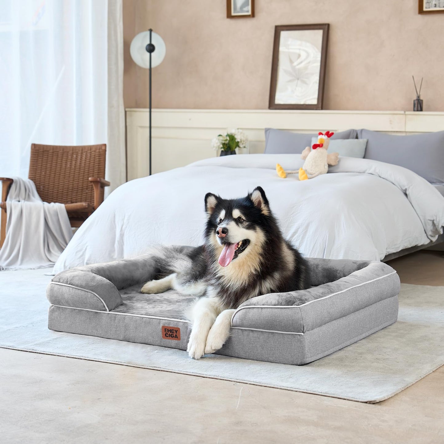 Orthopedic Dog Bed for Extra Large Dogs – 44x32 Inch Memory Foam Pet Sofa Bed with Bolster Sides, Waterproof Layer, Non-Slip Bottom & Washable Cover – Grey