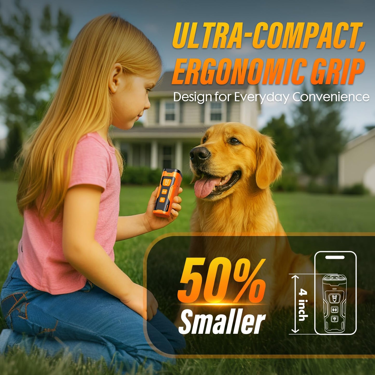 Ultrasonic Dog Bark Deterrent Device – 3X Emitters, 6 Training Modes, 23 FT Range, Rechargeable Humane Bark Control Tool for Indoors & Outdoors (Orange)