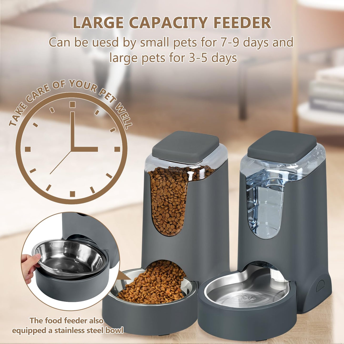 Automatic Pet Feeder and Water Dispenser Set with Stainless Steel Bowl – Gravity Food & Water Station for Cats and Dogs (1 Gallon x 2)