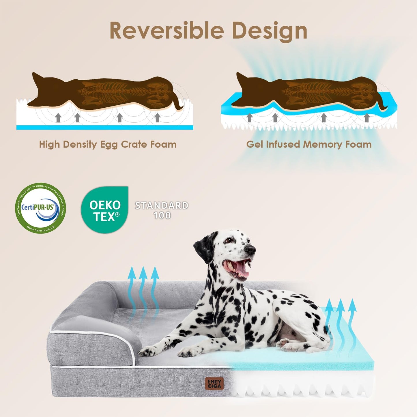 Orthopedic Dog Bed for Extra Large Dogs – 44x32 Inch Memory Foam Pet Sofa Bed with Bolster Sides, Waterproof Layer, Non-Slip Bottom & Washable Cover – Grey