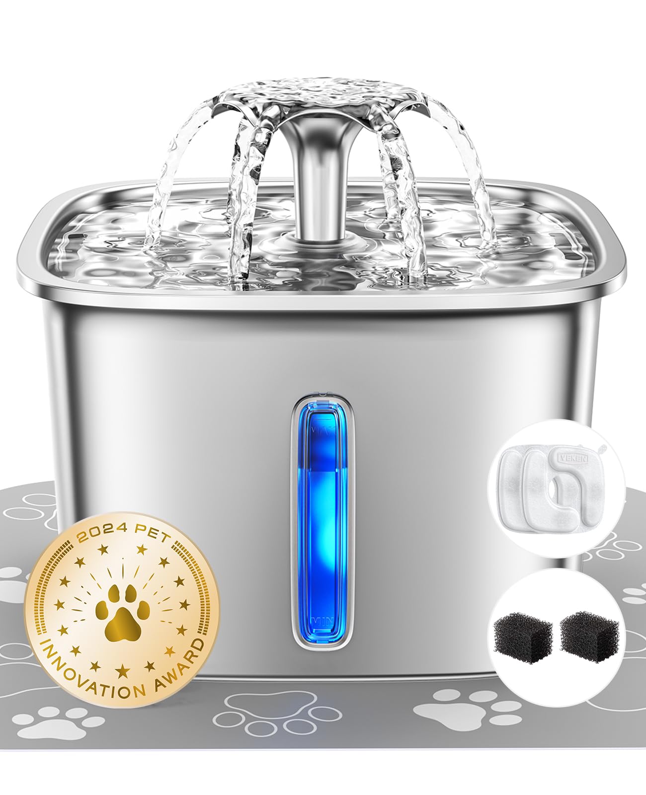 Stainless Steel Cat Water Fountain – 95oz/2.8L Automatic Pet Fountain with Filters, Sponges & Silicone Mat for Cats, Dogs & Multiple Pets (Silver)
