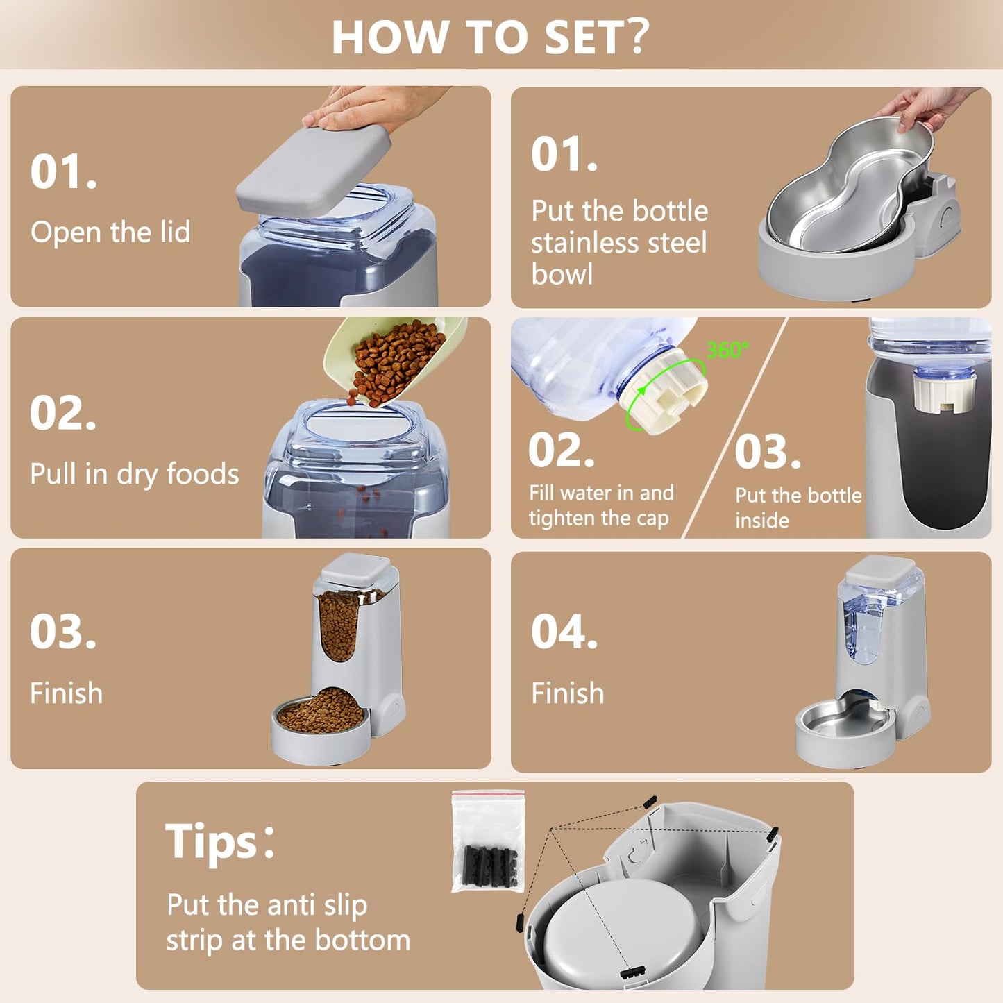 Automatic Pet Feeder and Water Dispenser Set with Stainless Steel Bowl – Gravity Food & Water Station for Cats and Dogs (1 Gallon x 2)