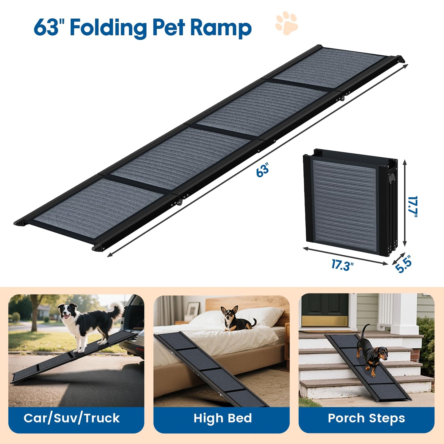 63" Folding Dog Ramp for Car, SUV & Truck – Extra Wide Portable Pet Ramp with Non-Slip Surface, Supports Dogs Up to 250 lbs