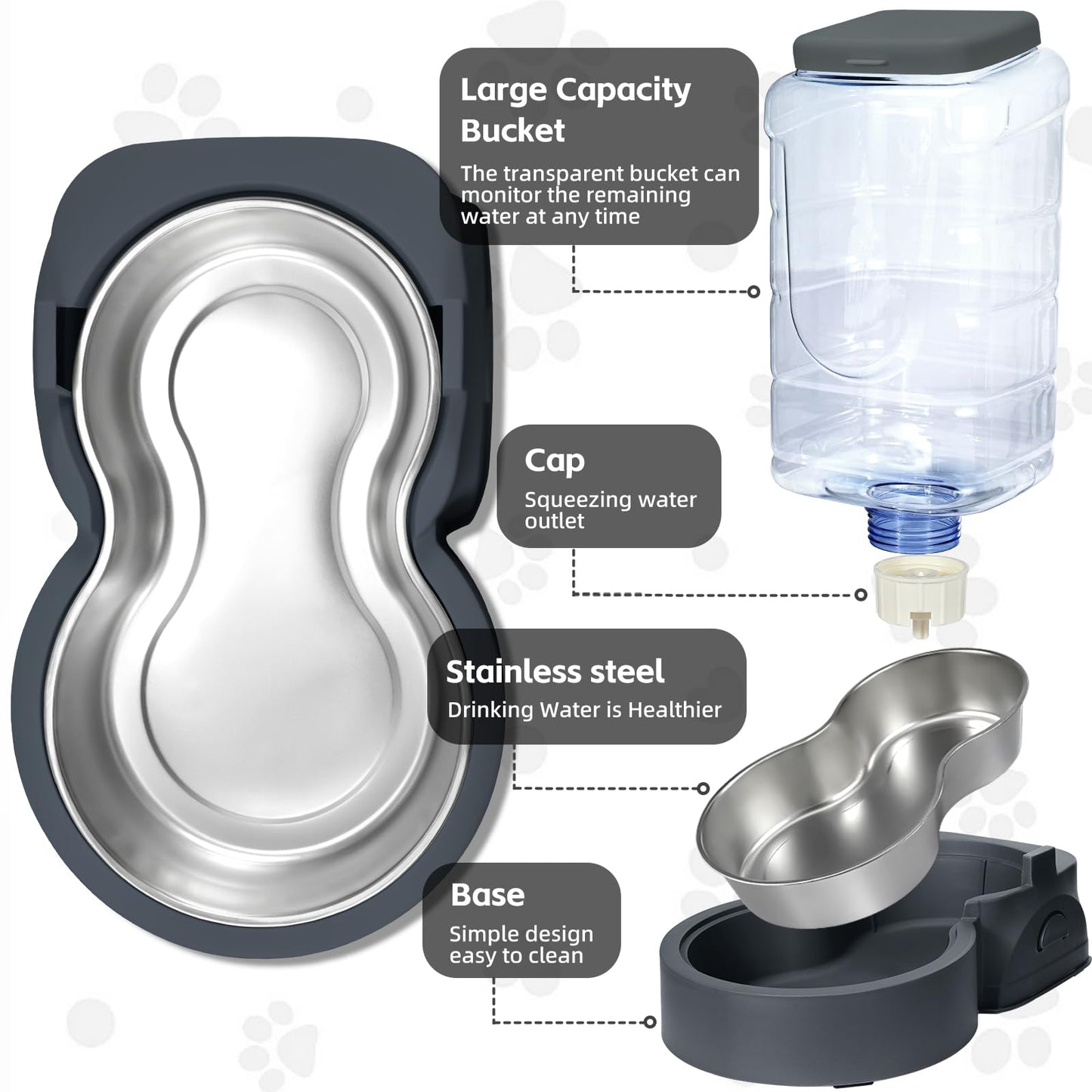 Automatic Pet Feeder and Water Dispenser Set with Stainless Steel Bowl – Gravity Food & Water Station for Cats and Dogs (1 Gallon x 2)