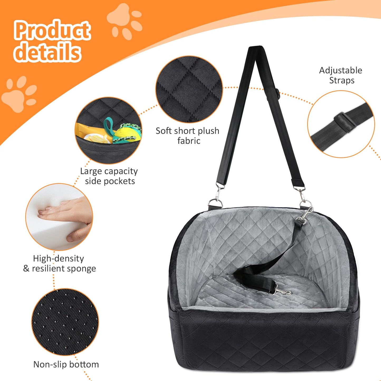 Dog Car Seat for Small Dogs up to 30 lbs – Washable Travel Booster Seat with Storage Pockets, Safety Belt & Plush Bed for Cars, SUVs & Trucks (Black/Grey)