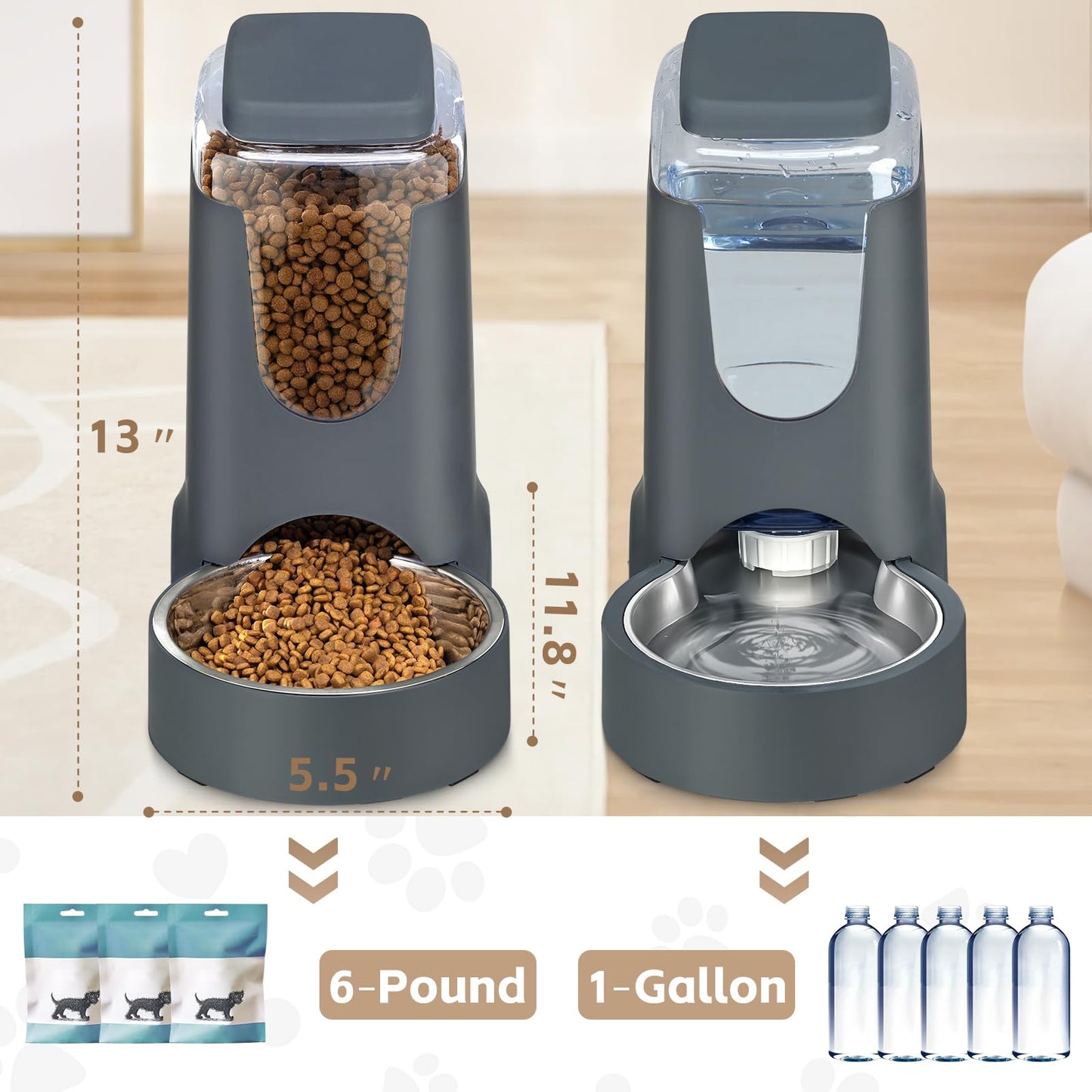 Automatic Pet Feeder and Water Dispenser Set with Stainless Steel Bowl – Gravity Food & Water Station for Cats and Dogs (1 Gallon x 2)