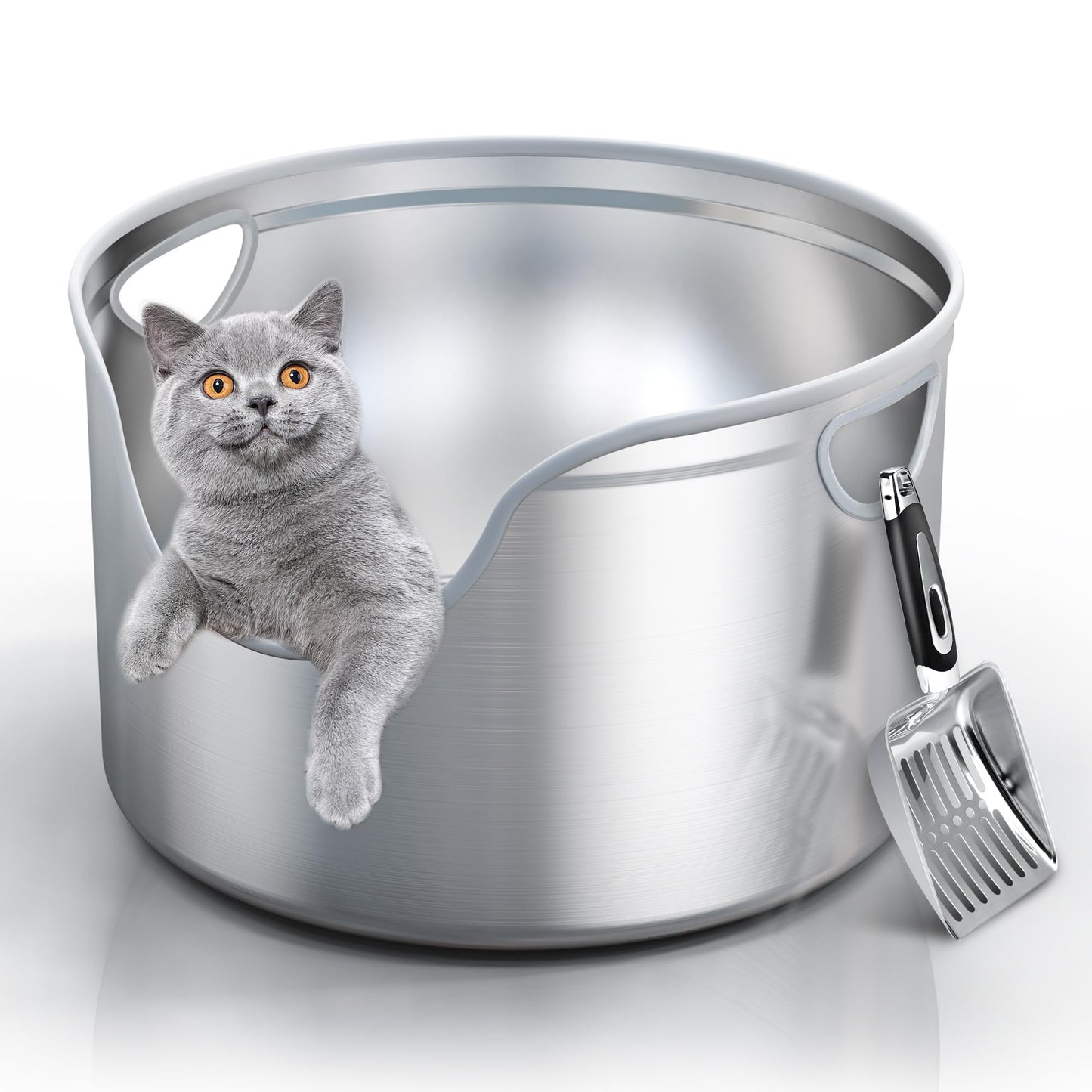 Stainless Steel Cat Litter Box with Scoop – XL/XXL High-Sided Round Design for Multi-Cat Homes, Odor Control & Easy Cleaning