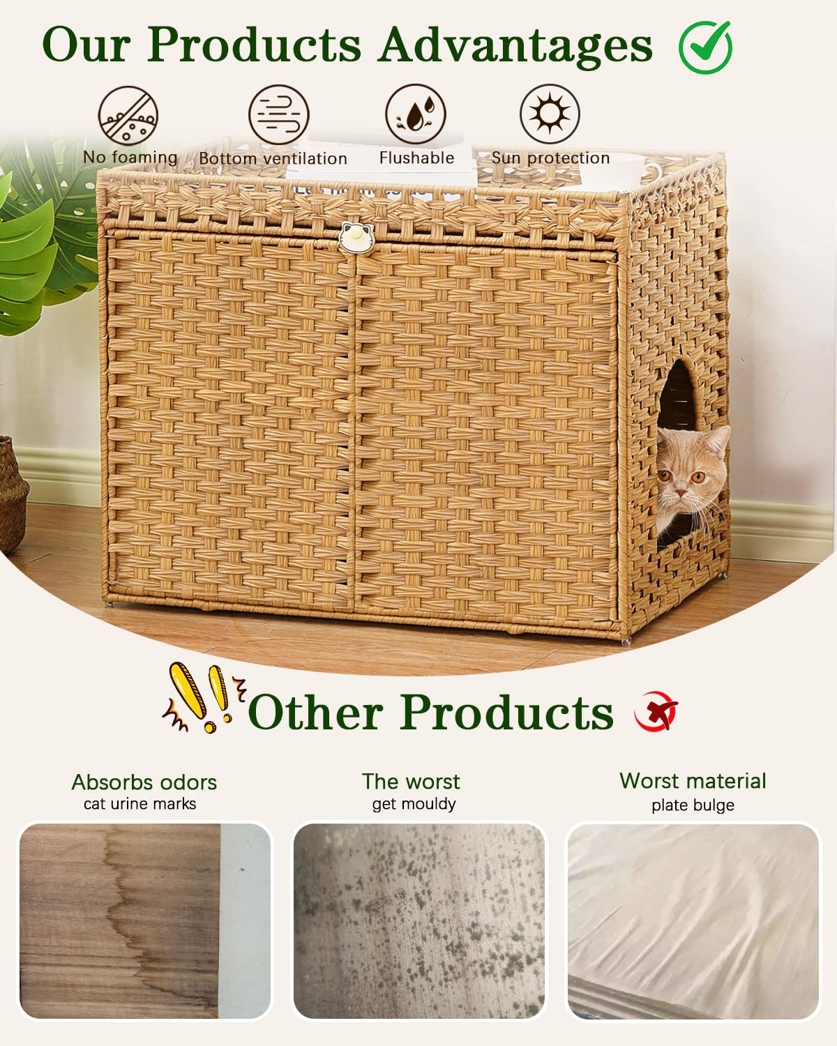Rattan Cat Litter Box Enclosure Furniture – Hidden Litter Box with Mat, Large Cat House & Storage Top for Indoor Use (30.3 x 18.3 x 24.4 in, Natural