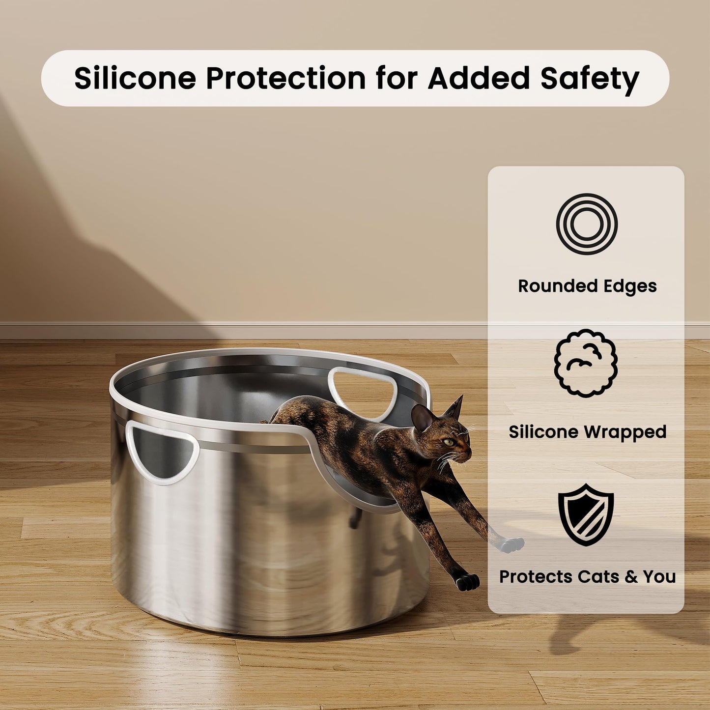 Stainless Steel Cat Litter Box with Scoop – XL/XXL High-Sided Round Design for Multi-Cat Homes, Odor Control & Easy Cleaning