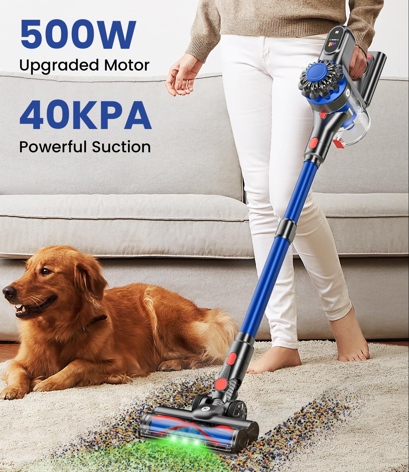 Cordless Stick Vacuum Cleaner – 500W/40Kpa Suction, 60 Min Runtime, LED Display, Anti-Tangle Roller, Wall Mount Charging, 8-in-1 Lightweight Vacuum for Home, Carpet, Hard Floors & Pet Hair