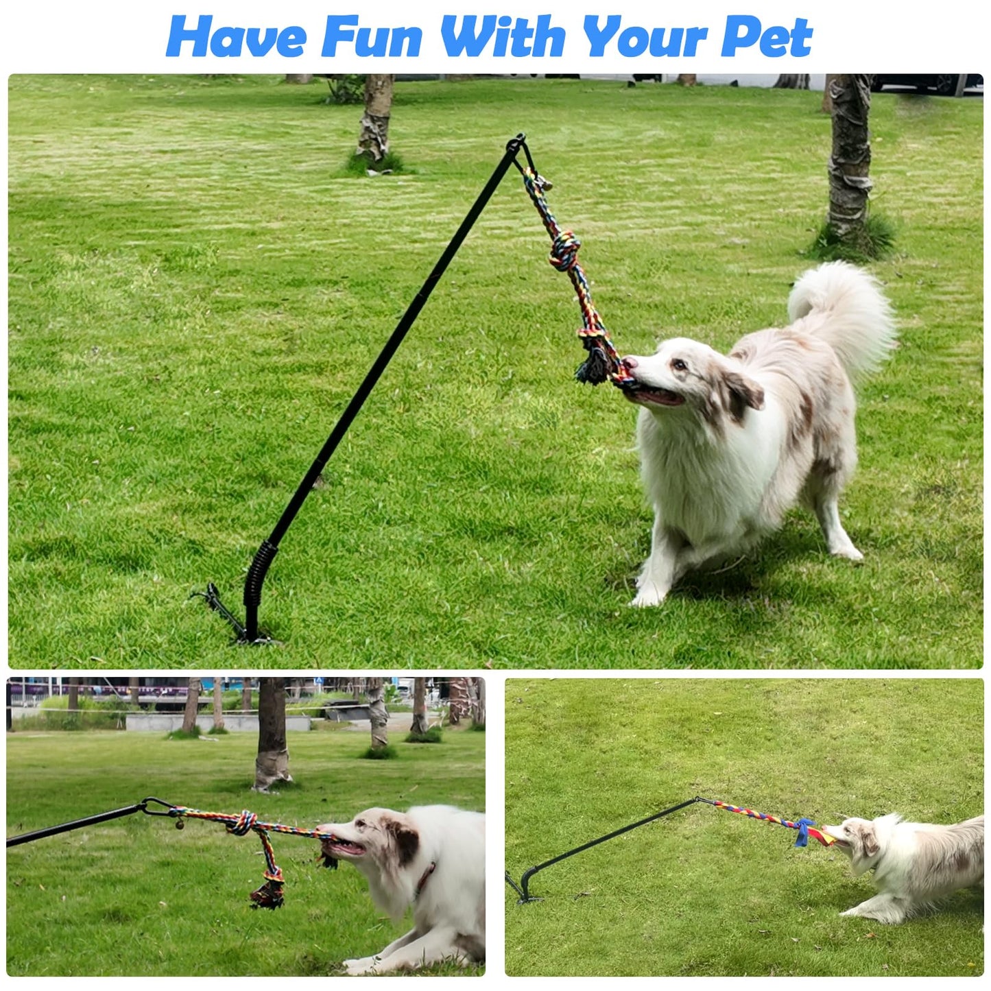 Outdoor Tether Tug Dog Toy – Interactive Tug of War Exercise Game with 2 Rope Toys & Bell – Adjustable Height, Sturdy Base – For Small, Medium & Large Dogs