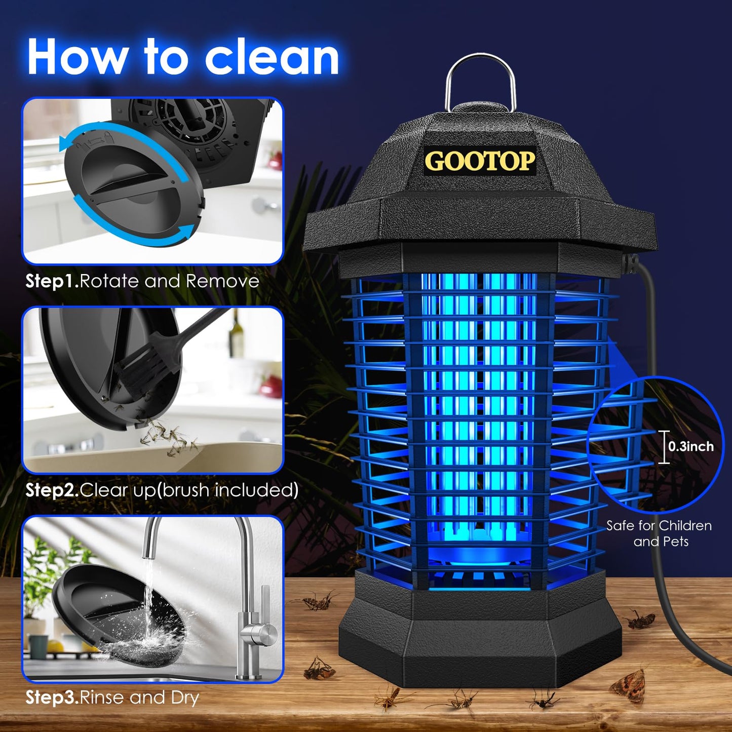 Outdoor & Indoor Bug Zapper – Electric Mosquito and Fly Killer with 4200V Grid, Plug-in Insect Trap, Covers up to 1/2 Acre, Black