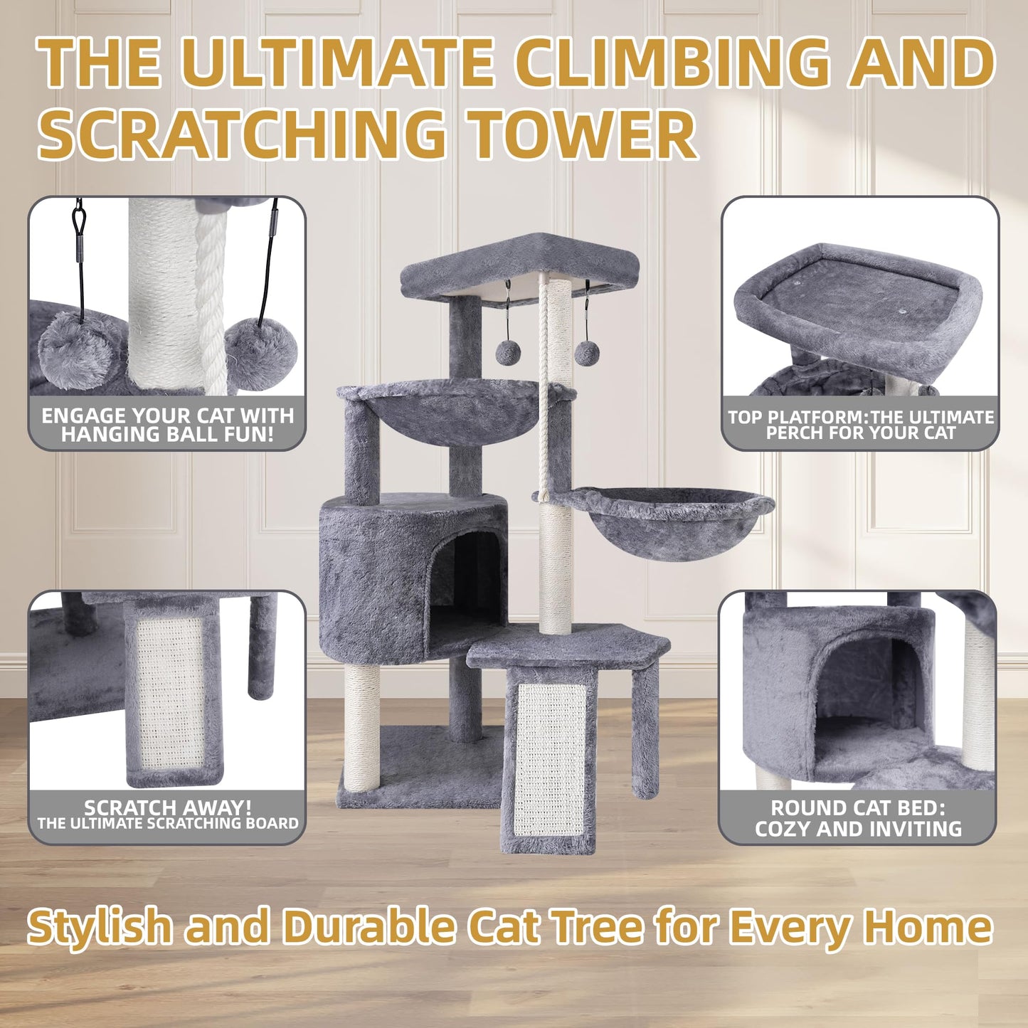 Three-Layer Cat Tree with Condo, Two Hammocks, Scratching Posts & Toys – Multi-Level Cat Tower (Grey, 37.4")