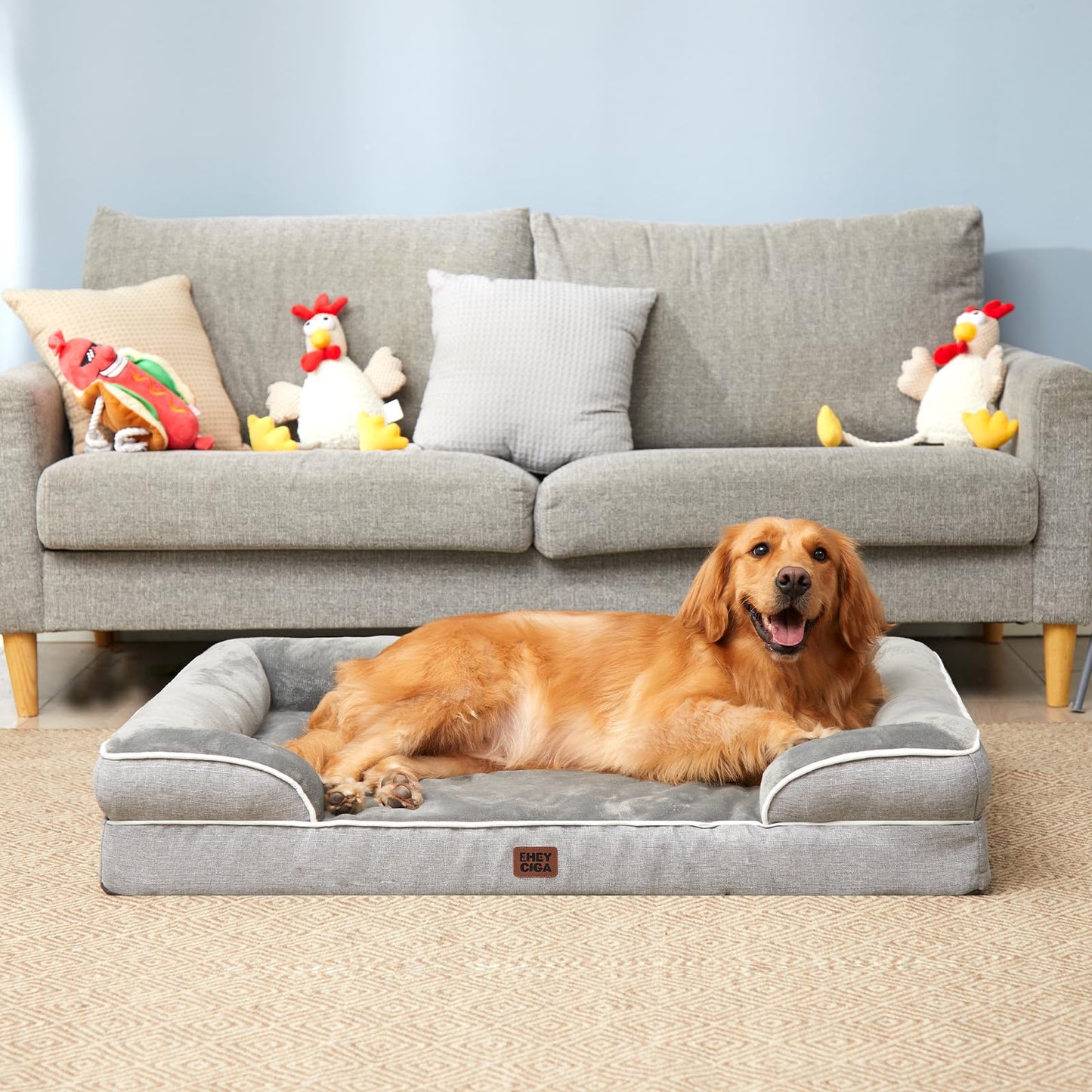 Orthopedic Dog Bed for Extra Large Dogs – 44x32 Inch Memory Foam Pet Sofa Bed with Bolster Sides, Waterproof Layer, Non-Slip Bottom & Washable Cover – Grey