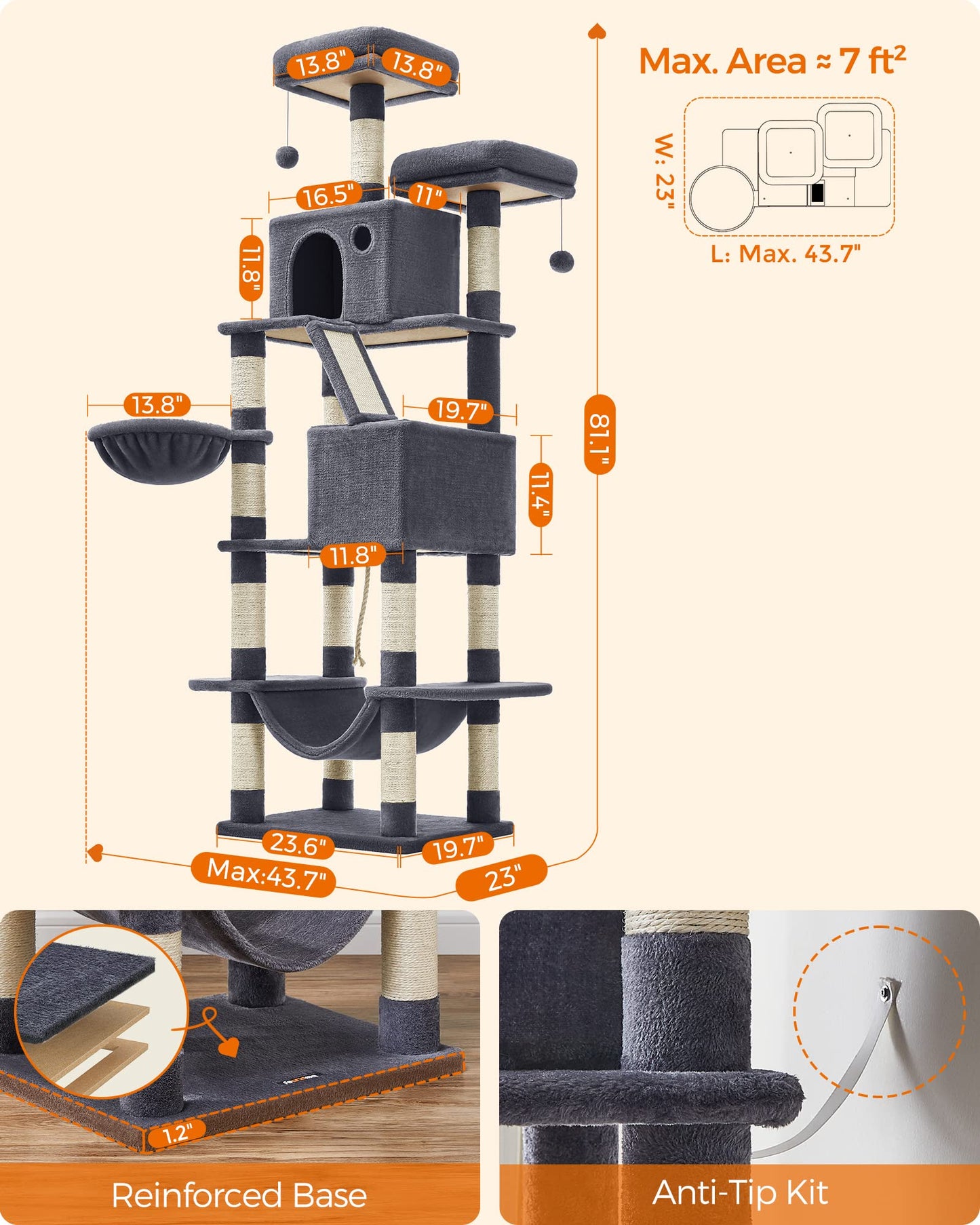 81-Inch Large Cat Tree Tower – Multi-Level Cat Condo with Scratching Posts, Perches, Hammock & Caves for Indoor Cats (Smoky Gray)