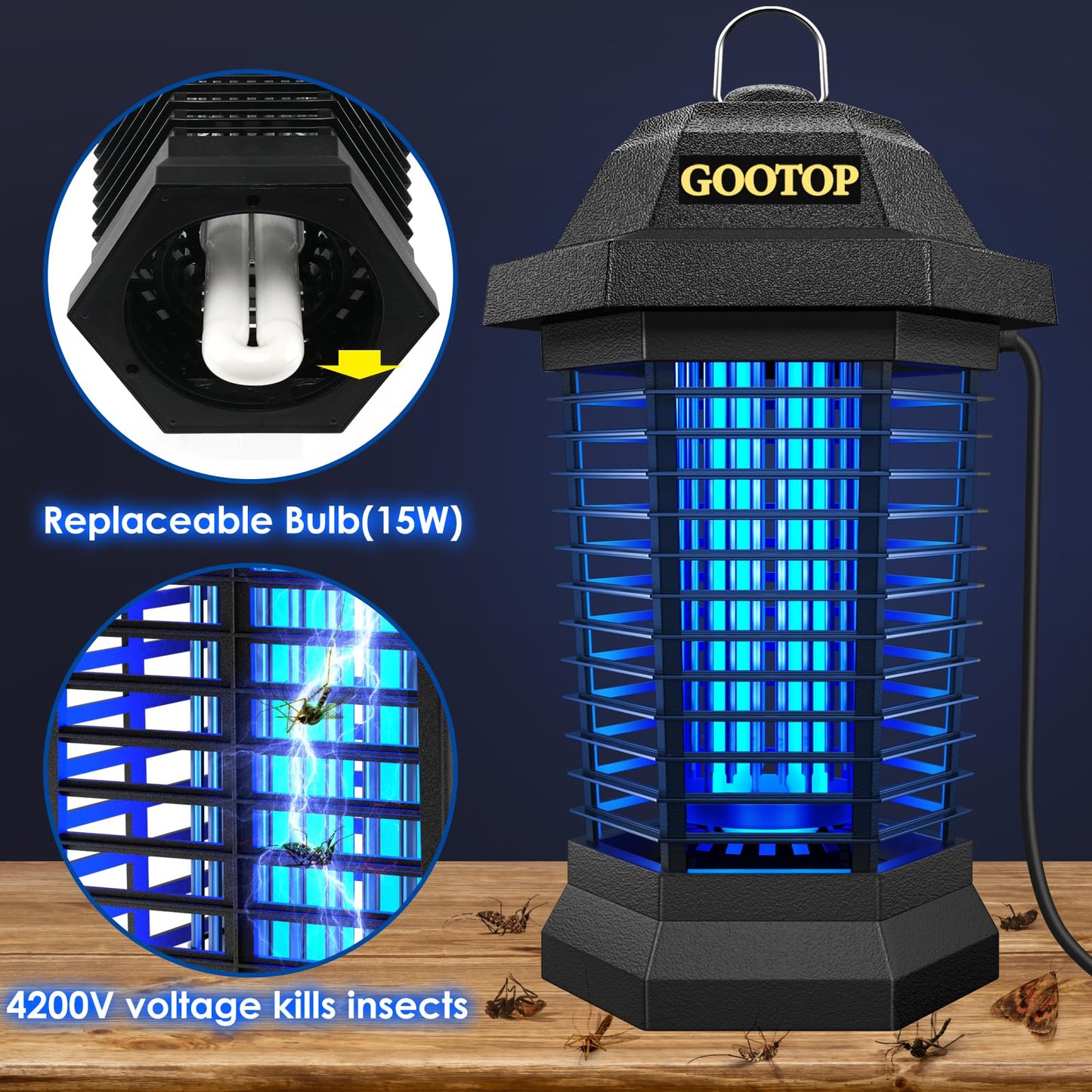 Outdoor & Indoor Bug Zapper – Electric Mosquito and Fly Killer with 4200V Grid, Plug-in Insect Trap, Covers up to 1/2 Acre, Black