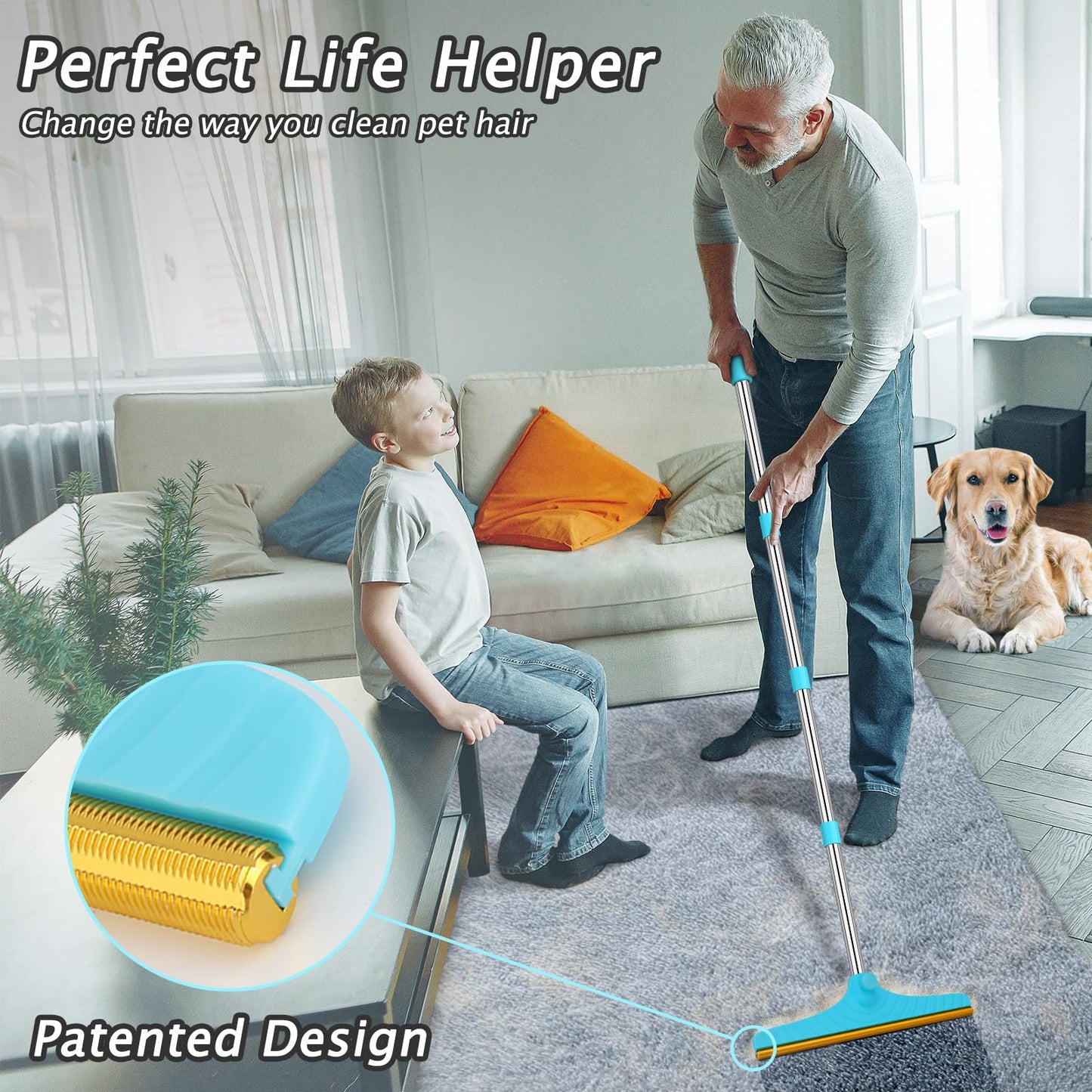 Carpet Rake for Pet Hair Removal – Reusable Pet Hair Remover with 60” Adjustable Handle, Dog & Cat Hair Rake Brush for Carpets, Rugs, Mats & Furniture – Includes Bonus Y-Shaped Fur Remover (Blue)