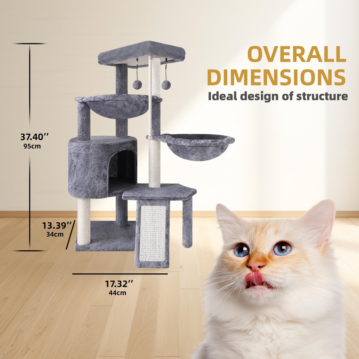 Three-Layer Cat Tree with Condo, Two Hammocks, Scratching Posts & Toys – Multi-Level Cat Tower (Grey, 37.4")