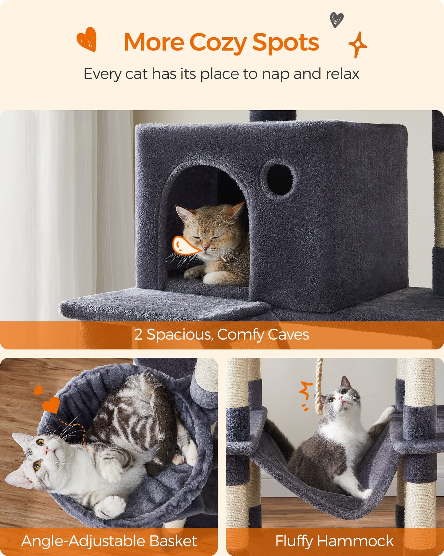 81-Inch Large Cat Tree Tower – Multi-Level Cat Condo with Scratching Posts, Perches, Hammock & Caves for Indoor Cats (Smoky Gray)