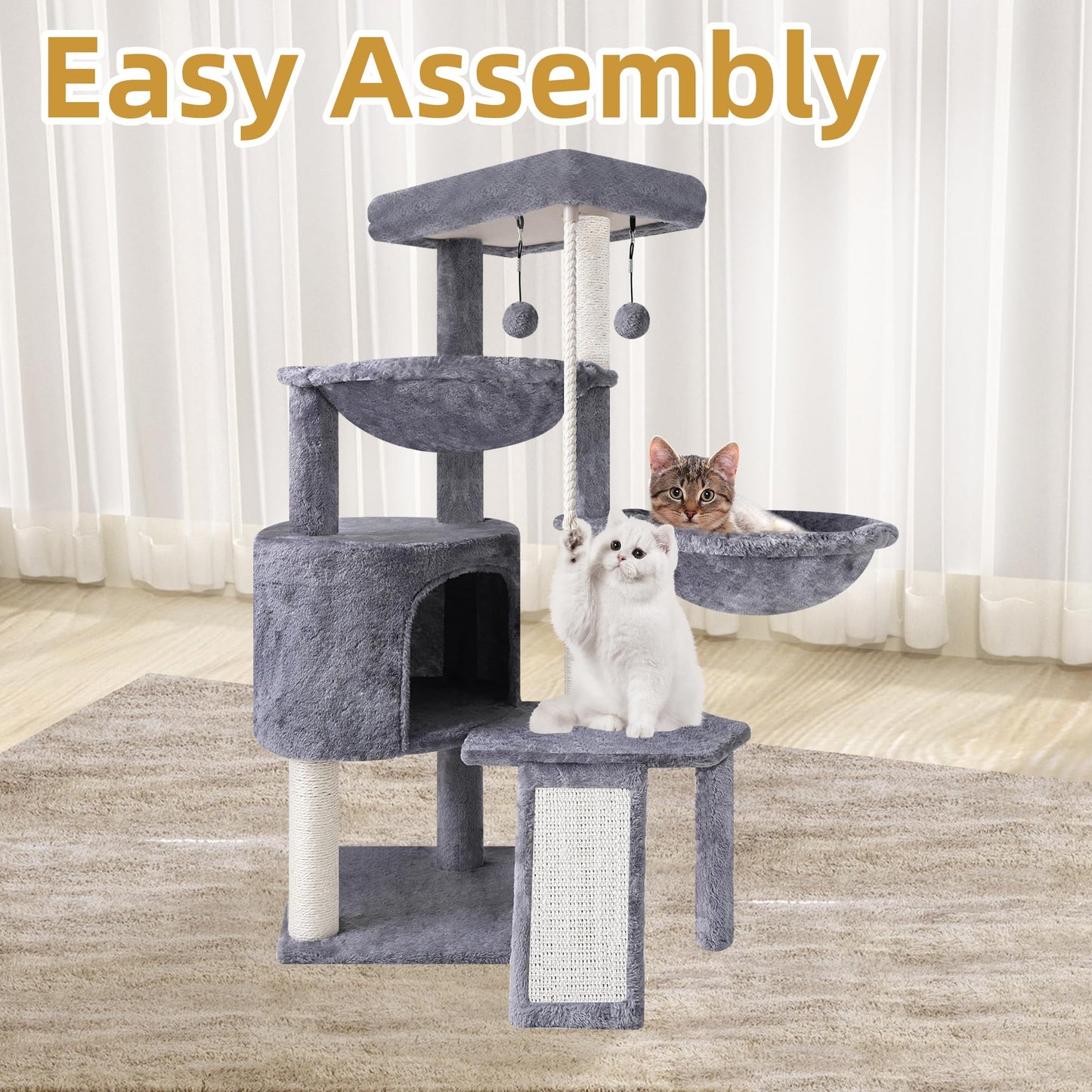 Three-Layer Cat Tree with Condo, Two Hammocks, Scratching Posts & Toys – Multi-Level Cat Tower (Grey, 37.4")