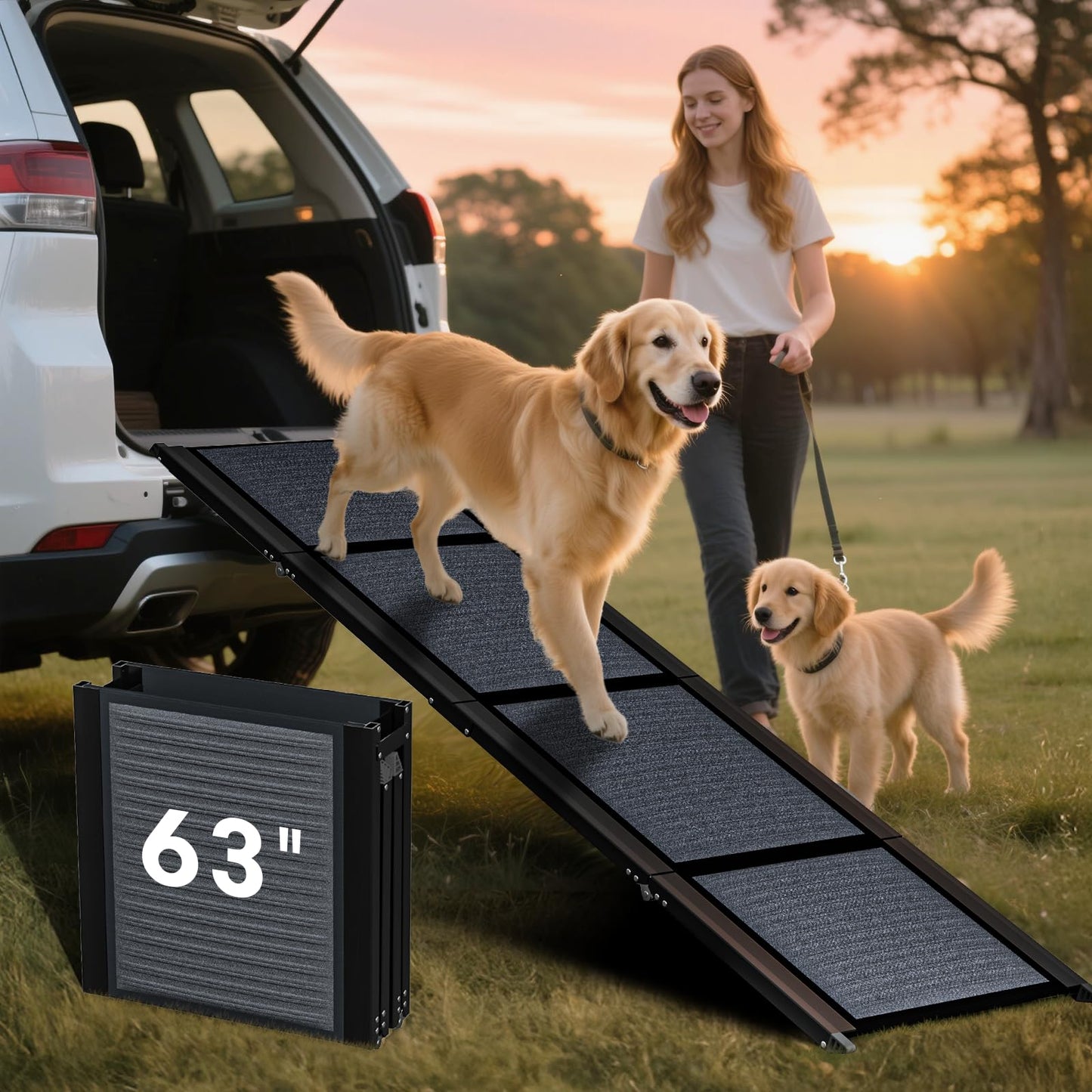 63" Folding Dog Ramp for Car, SUV & Truck – Extra Wide Portable Pet Ramp with Non-Slip Surface, Supports Dogs Up to 250 lbs