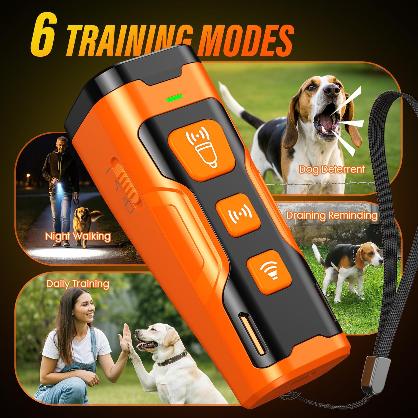 Ultrasonic Dog Bark Deterrent Device – 3X Emitters, 6 Training Modes, 23 FT Range, Rechargeable Humane Bark Control Tool for Indoors & Outdoors (Orange)