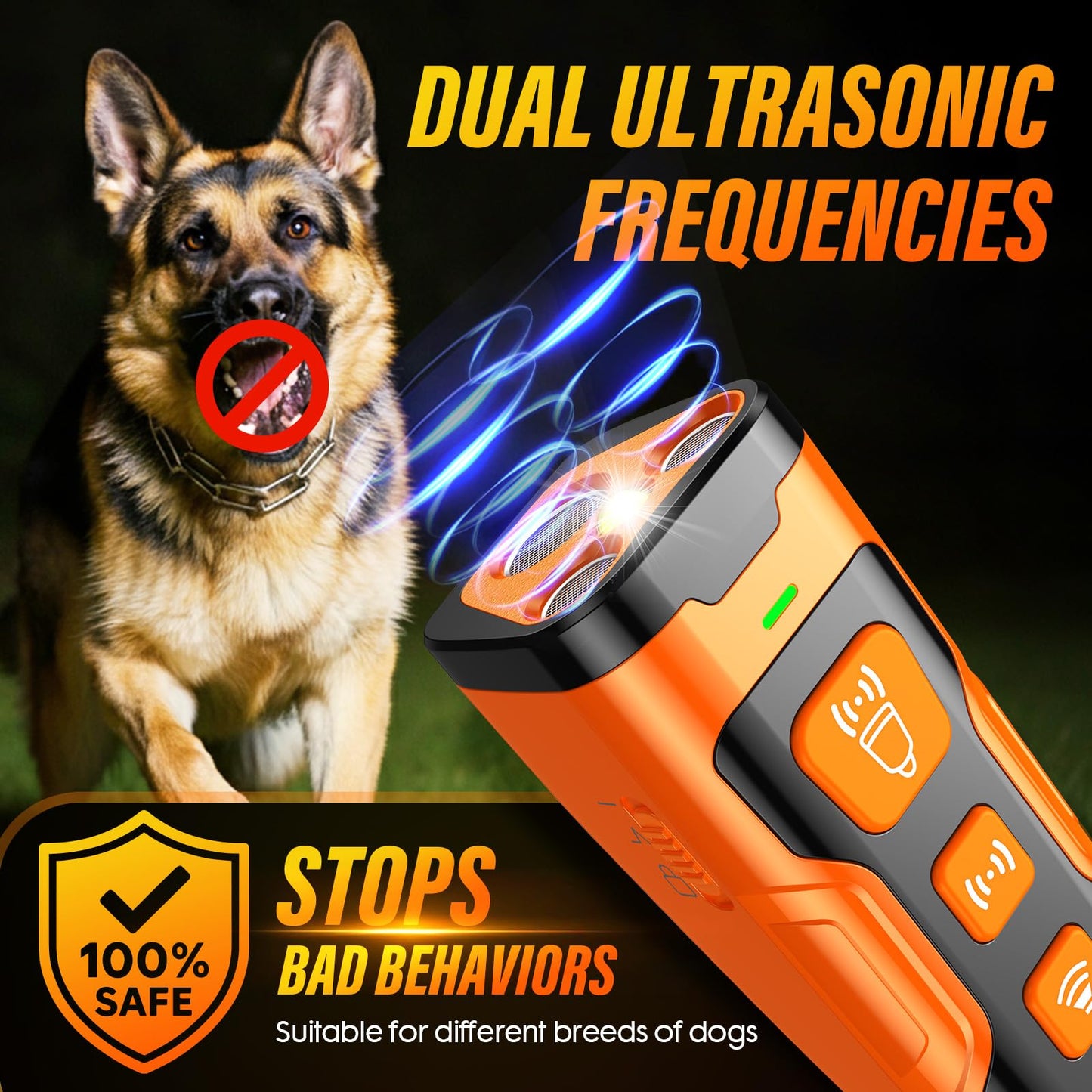 Ultrasonic Dog Bark Deterrent Device – 3X Emitters, 6 Training Modes, 23 FT Range, Rechargeable Humane Bark Control Tool for Indoors & Outdoors (Orange)