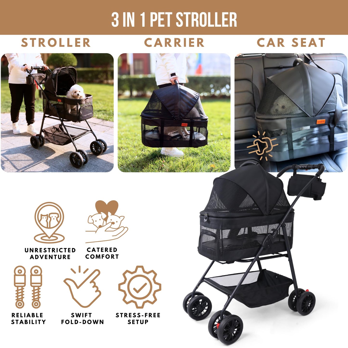 3-in-1 Pet Stroller with Detachable Carrier & Car Seat – Compact Folding Travel Stroller for Small Dogs & Cats (Up to 33 lbs)