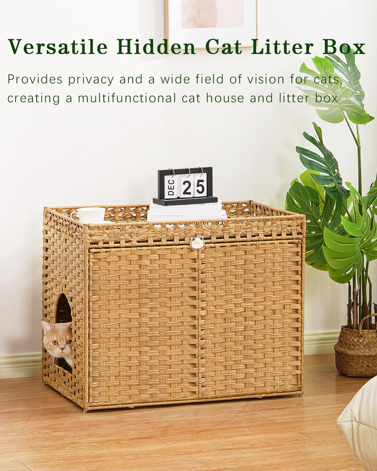 Rattan Cat Litter Box Enclosure Furniture – Hidden Litter Box with Mat, Large Cat House & Storage Top for Indoor Use (30.3 x 18.3 x 24.4 in, Natural