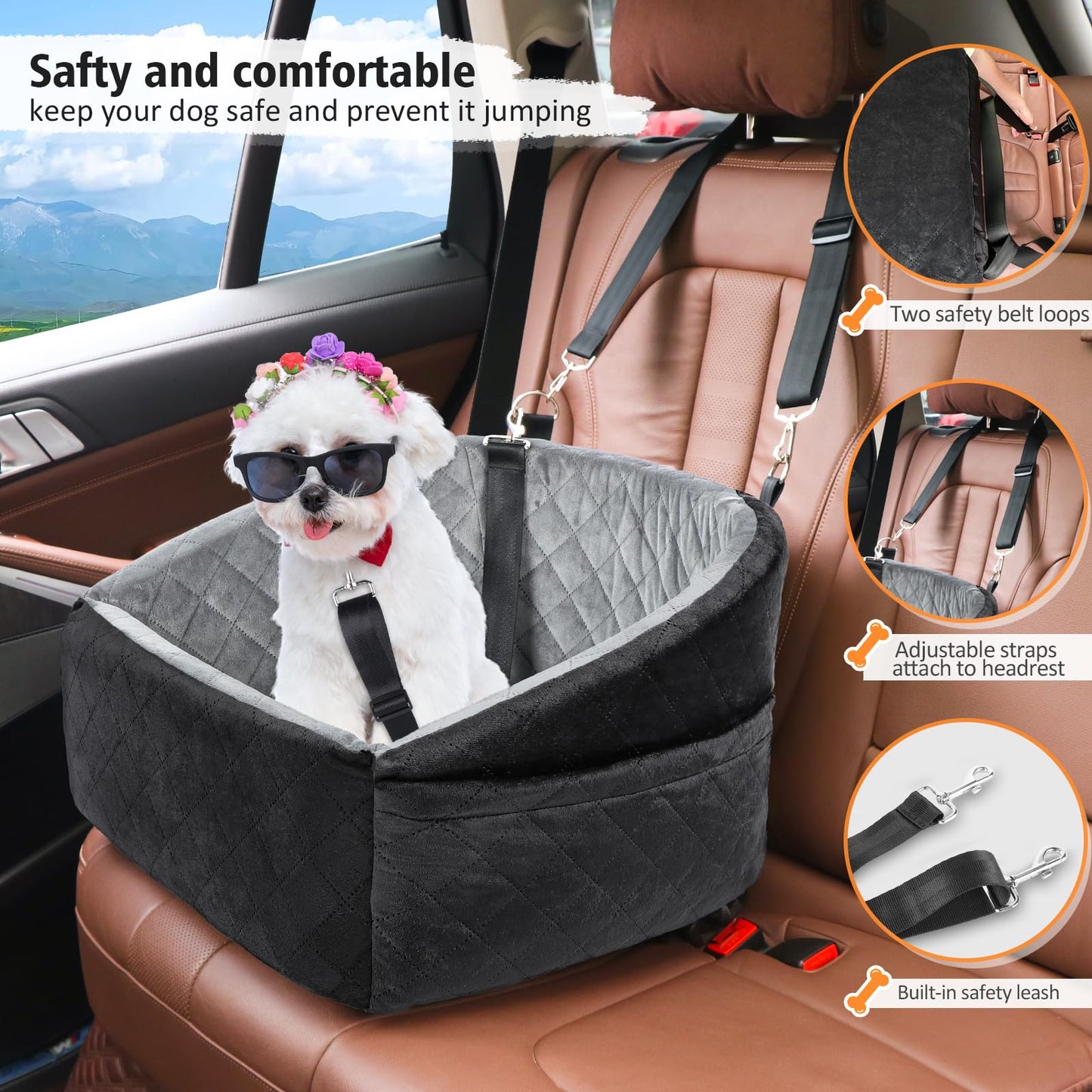 Dog Car Seat for Small Dogs up to 30 lbs – Washable Travel Booster Seat with Storage Pockets, Safety Belt & Plush Bed for Cars, SUVs & Trucks (Black/Grey)