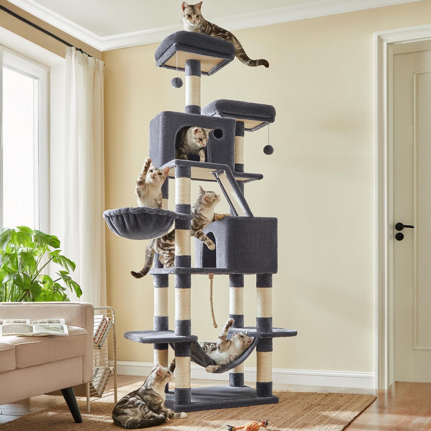 81-Inch Large Cat Tree Tower – Multi-Level Cat Condo with Scratching Posts, Perches, Hammock & Caves for Indoor Cats (Smoky Gray)