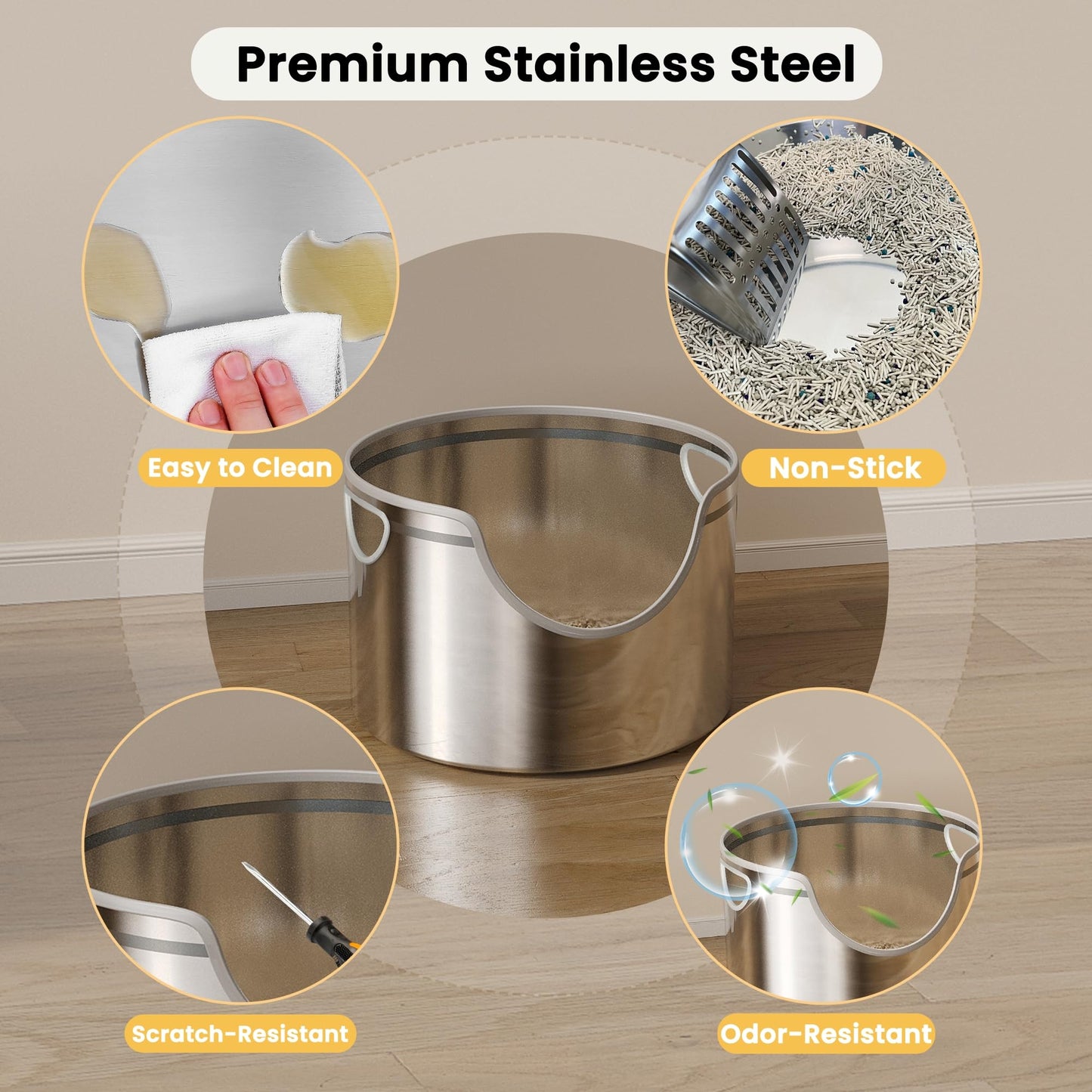 Stainless Steel Cat Litter Box with Scoop – XL/XXL High-Sided Round Design for Multi-Cat Homes, Odor Control & Easy Cleaning